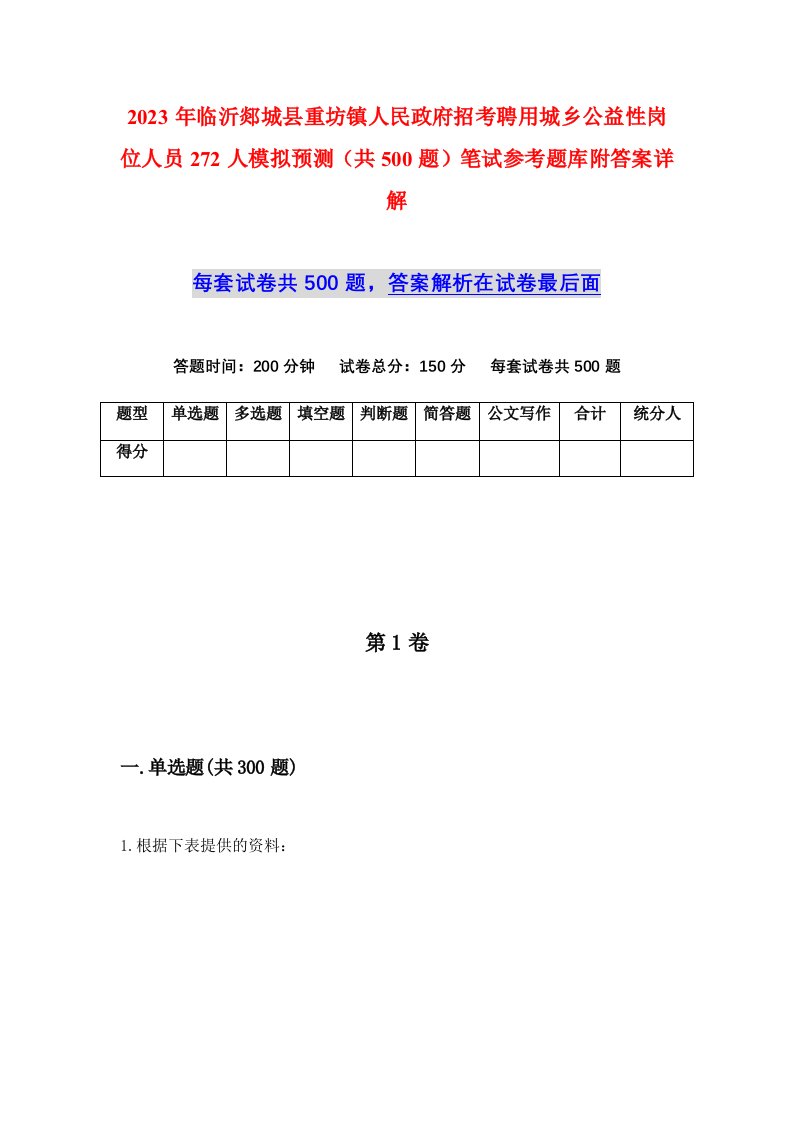 2023年临沂郯城县重坊镇人民政府招考聘用城乡公益性岗位人员272人模拟预测共500题笔试参考题库附答案详解