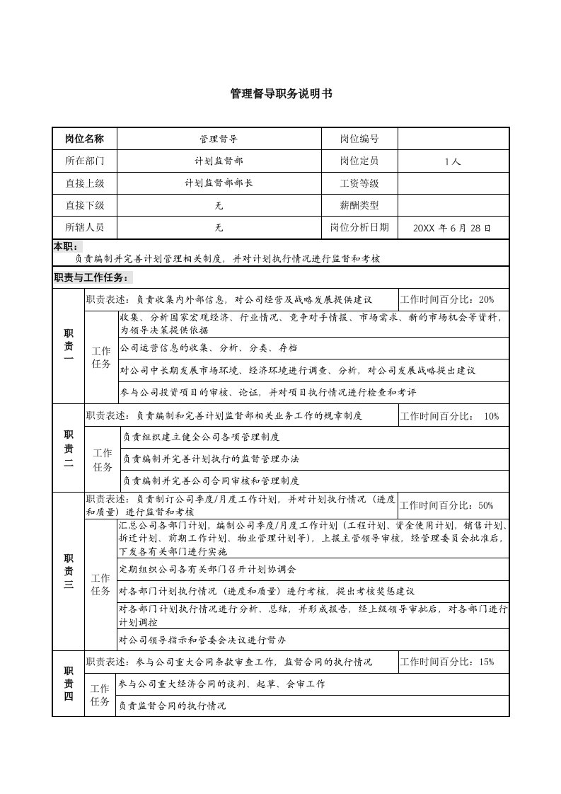 管理知识-某跨国企业管理督导职务说明书