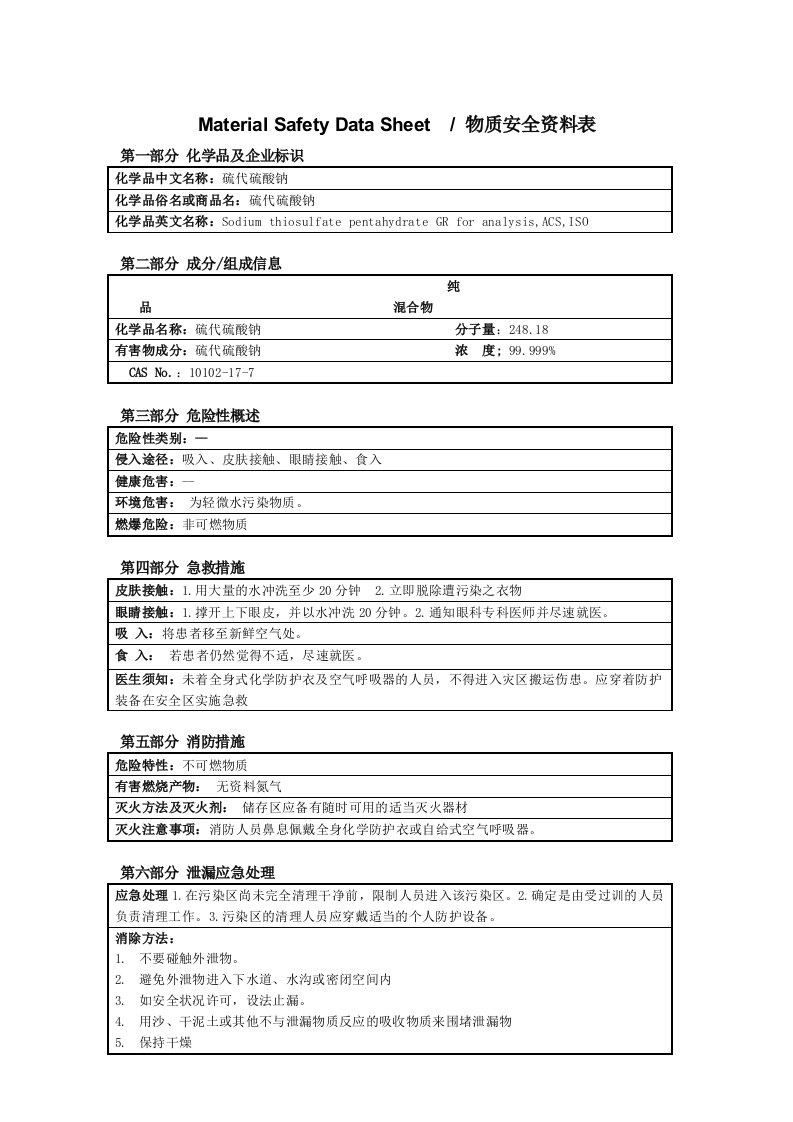 MSDS硫代硫酸钠