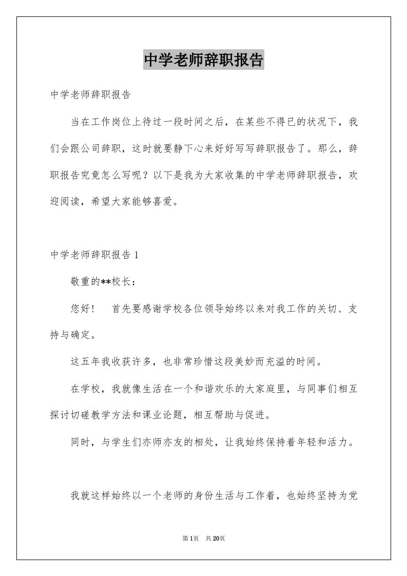 中学老师辞职报告优质