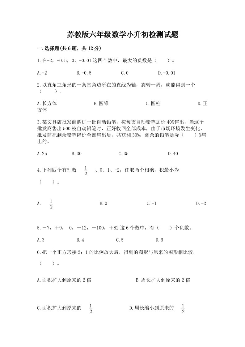 苏教版六年级数学小升初检测试题（真题汇编）