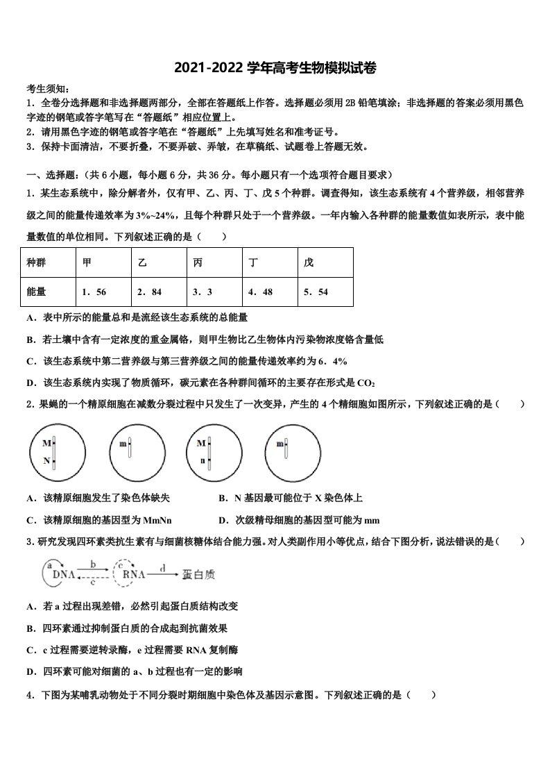 2022年福建厦门第六中学高三六校第一次联考生物试卷含解析