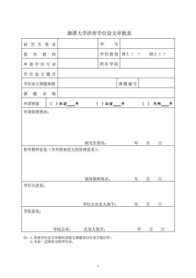 湘潭大学涉密学位论文审批表