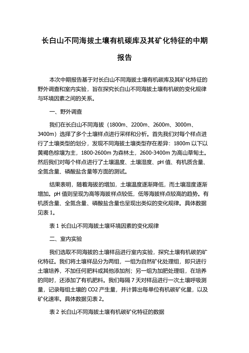 长白山不同海拔土壤有机碳库及其矿化特征的中期报告