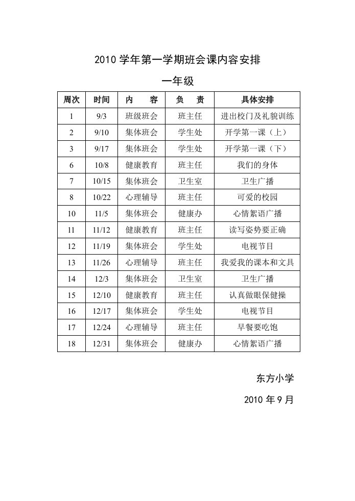 2010学年第一学期班会课内容安排(一年级)