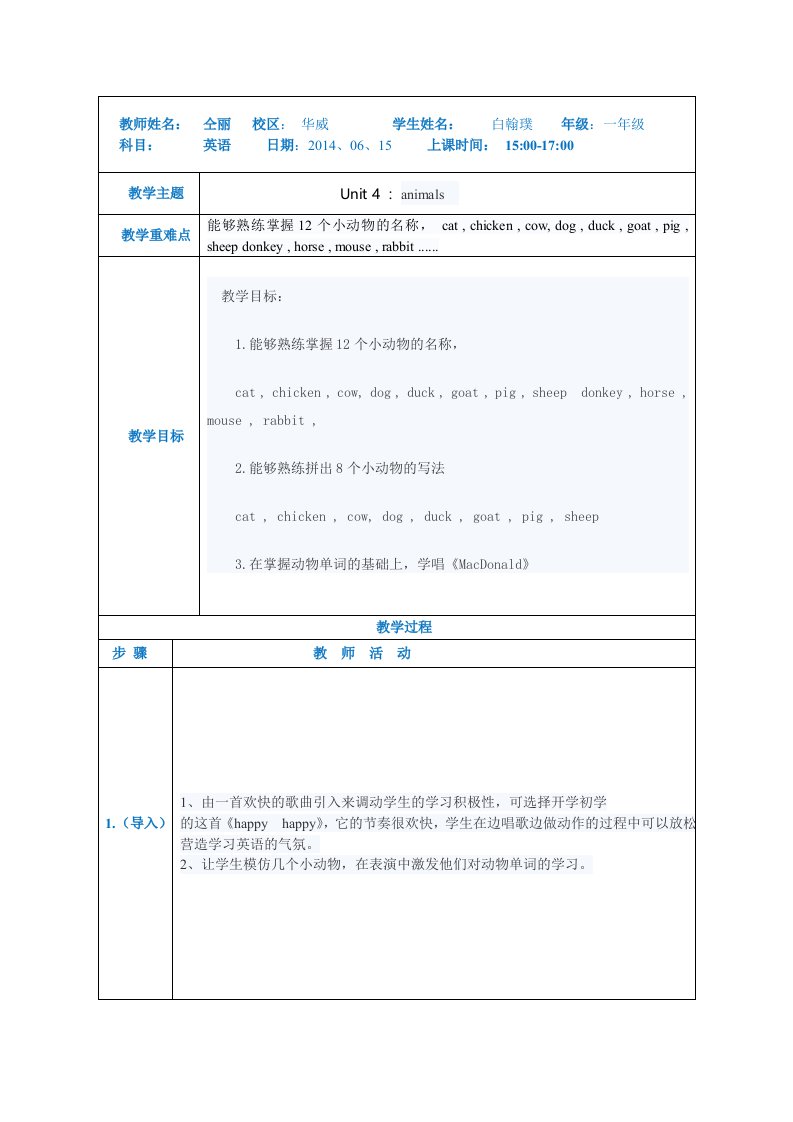 小学一年级unit4animals(教案)