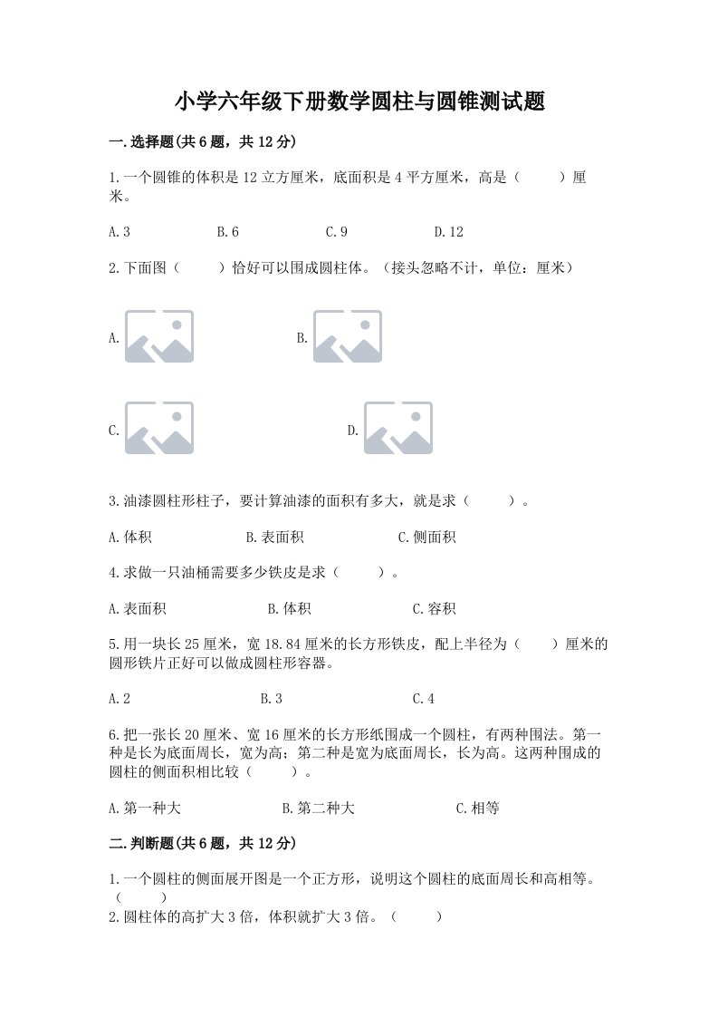 小学六年级下册数学圆柱与圆锥测试题及参考答案【最新】