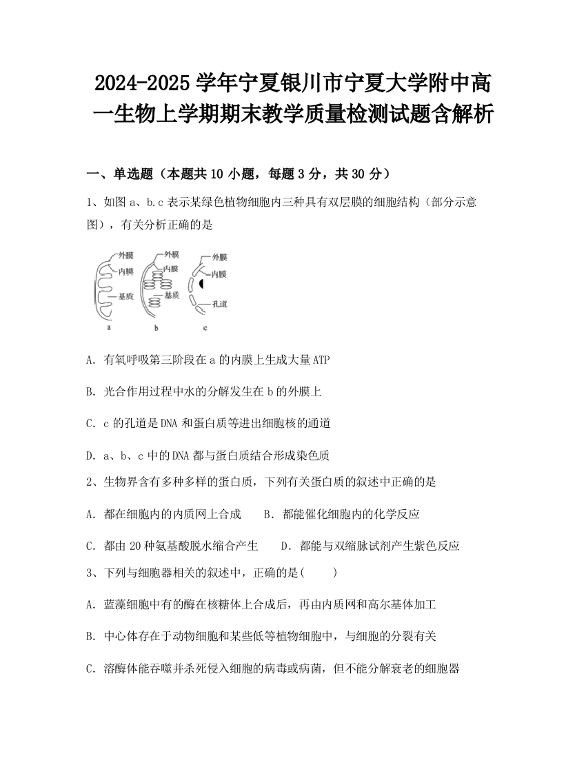 2024-2025学年宁夏银川市宁夏大学附中高一生物上学期期末教学质量检测试题含解析