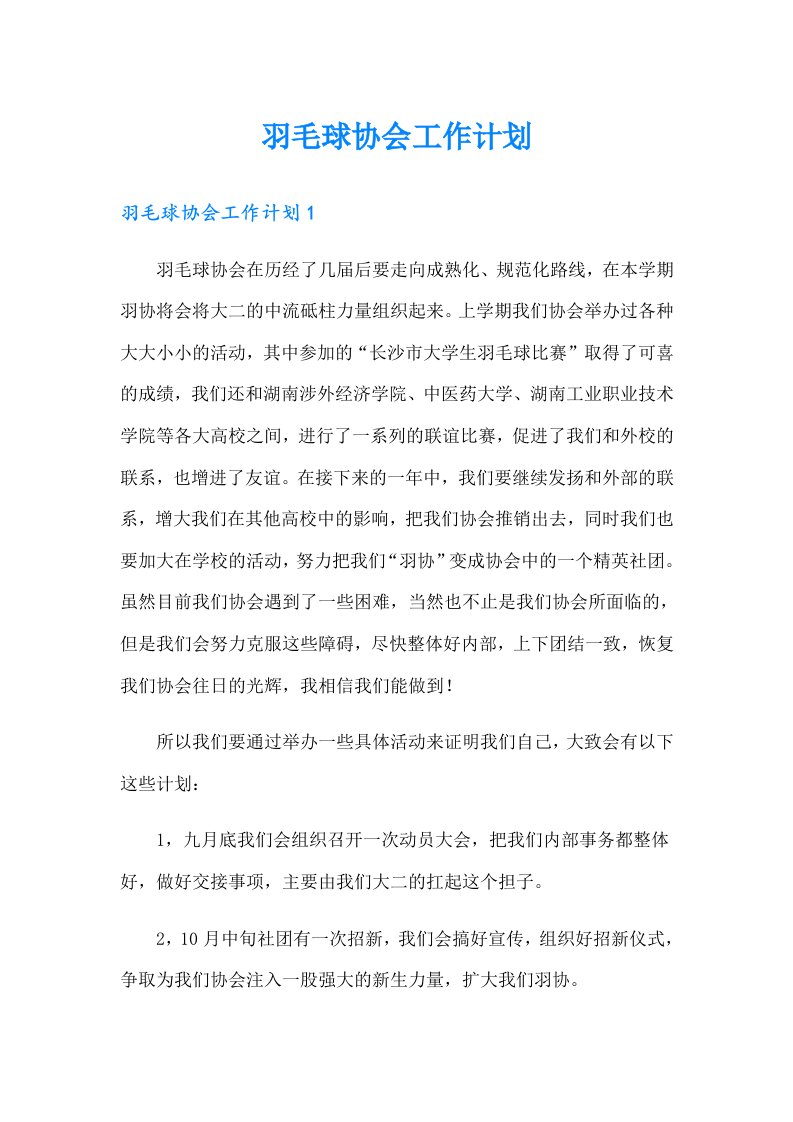 羽毛球协会工作计划