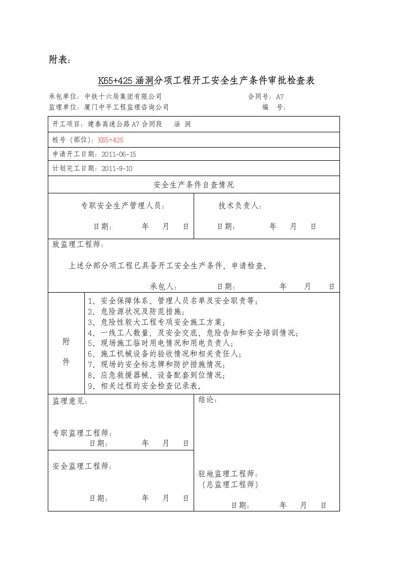 精选涵洞分项工程开工安全生产条件申请K65425