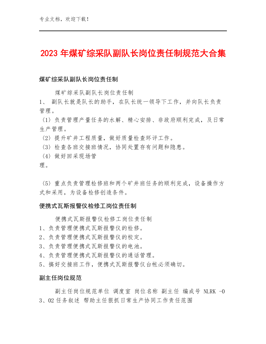 2023年煤矿综采队副队长岗位责任制规范大合集