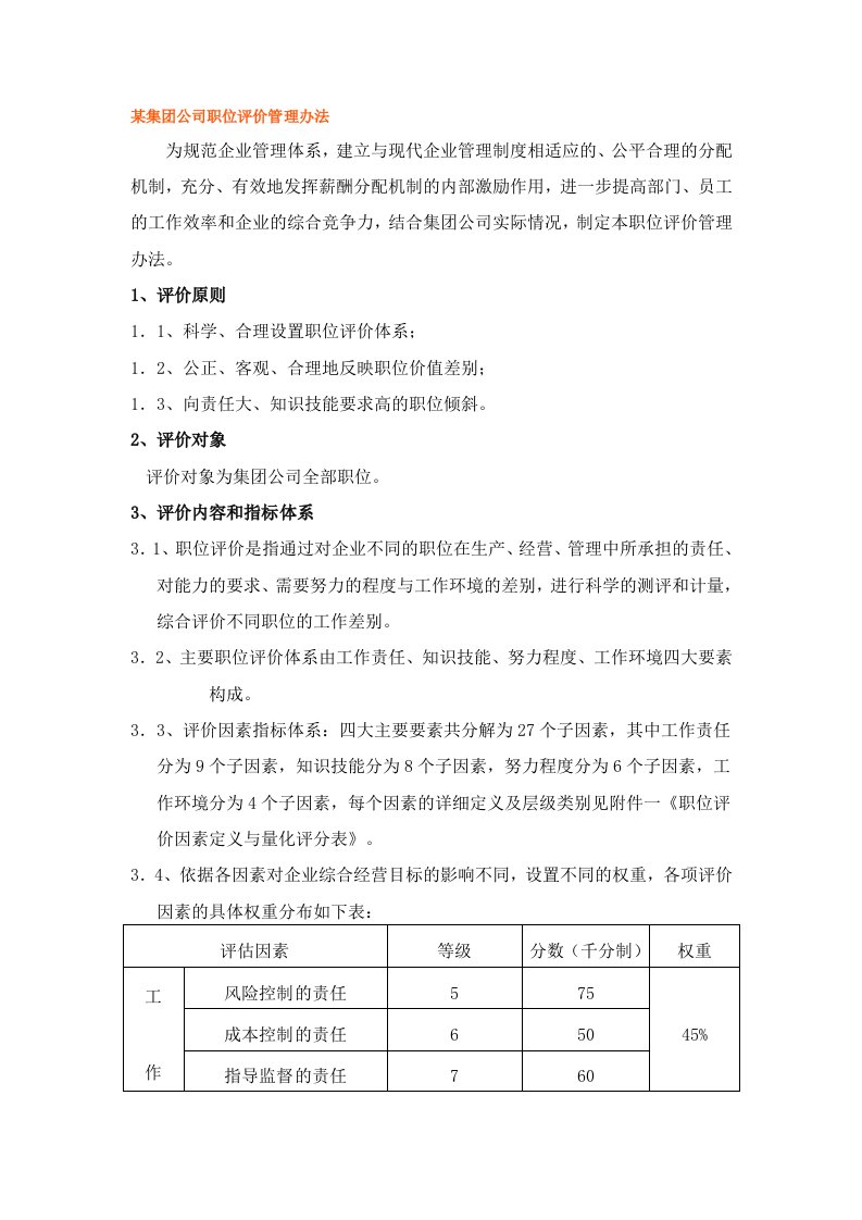 某集团公司职位评价管理办法