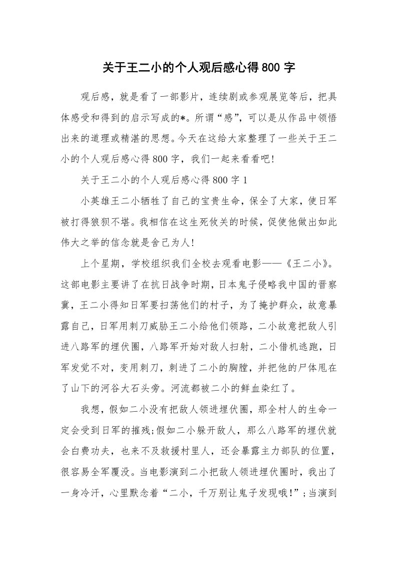 关于王二小的个人观后感心得800字