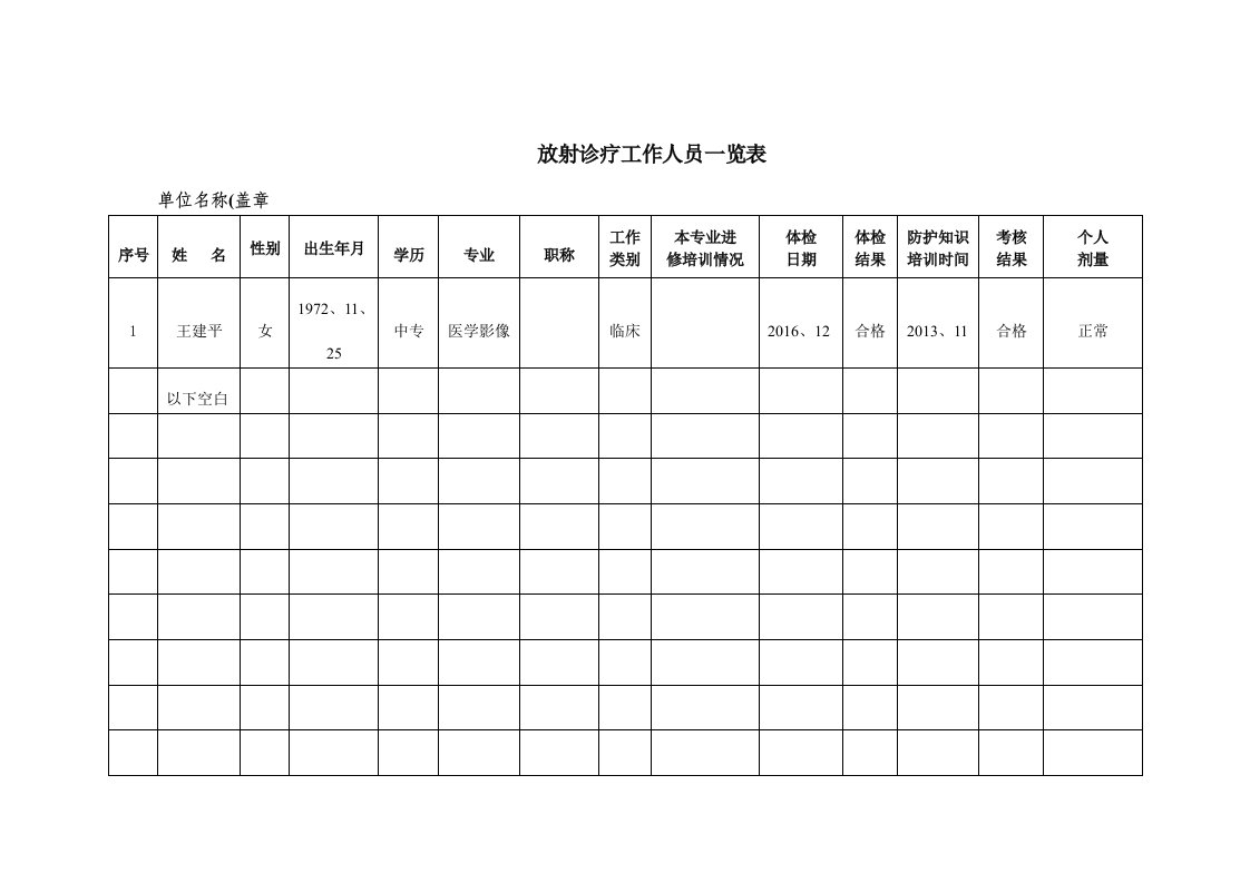 放射诊疗工作人员一览表(校验用)