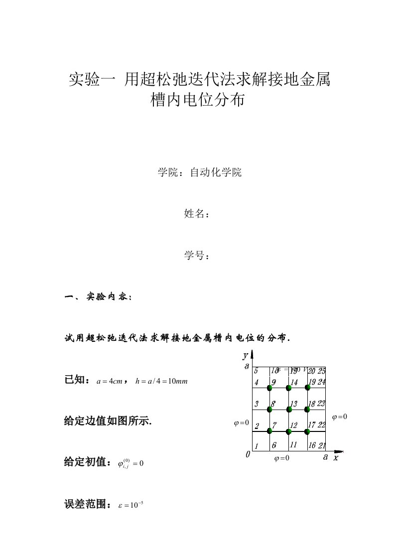 实验用超松弛迭代法求解接地金属槽内电位分布