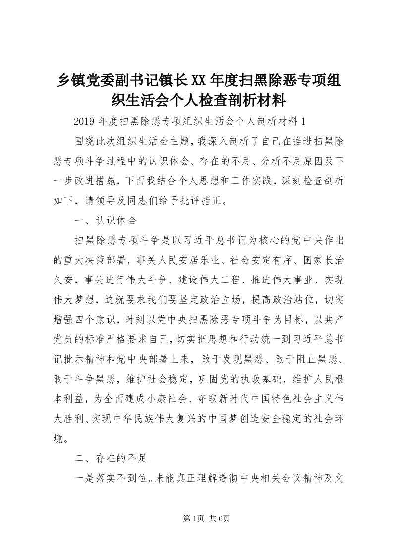 6乡镇党委副书记镇长某年度扫黑除恶专项组织生活会个人检查剖析材料