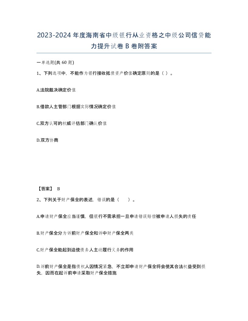 2023-2024年度海南省中级银行从业资格之中级公司信贷能力提升试卷B卷附答案