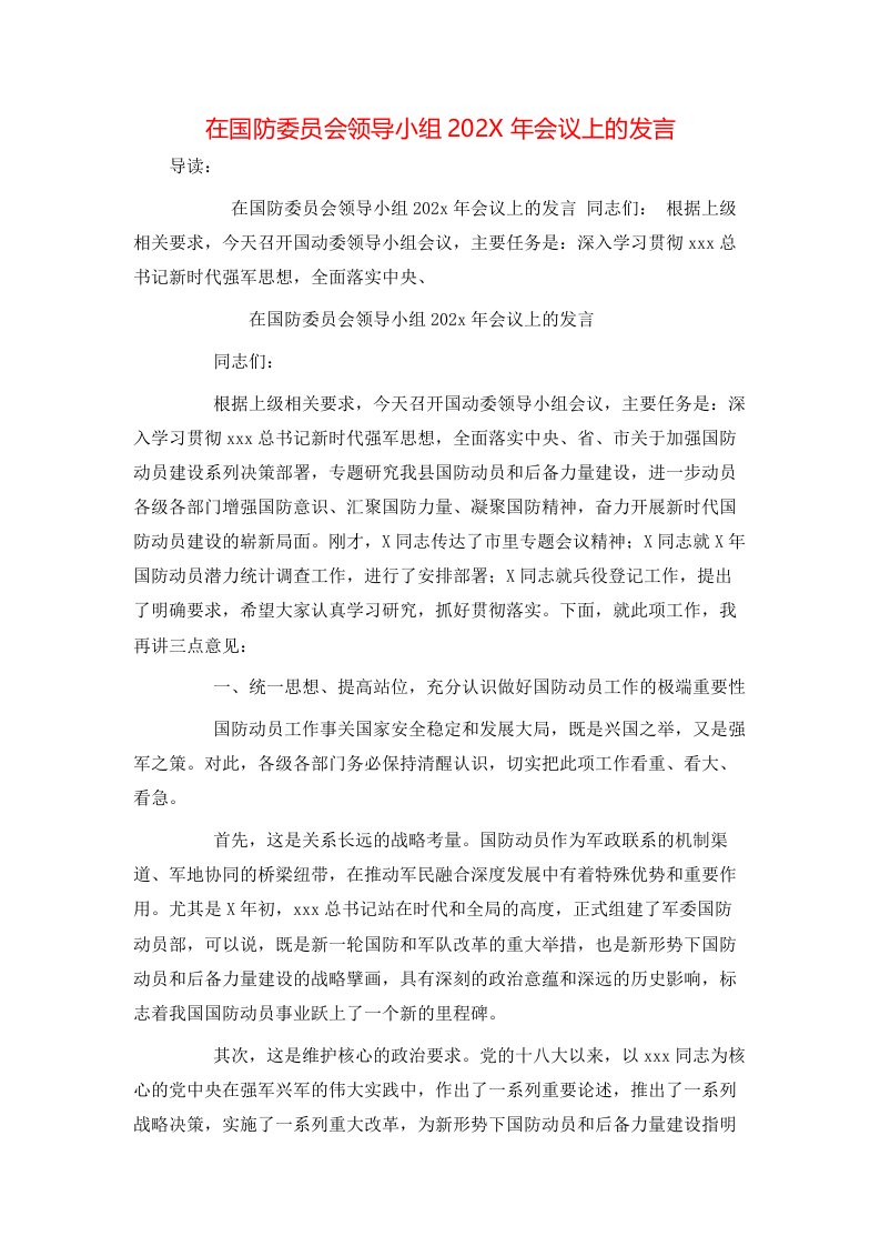 在国防委员会领导小组202X年会议上的发言