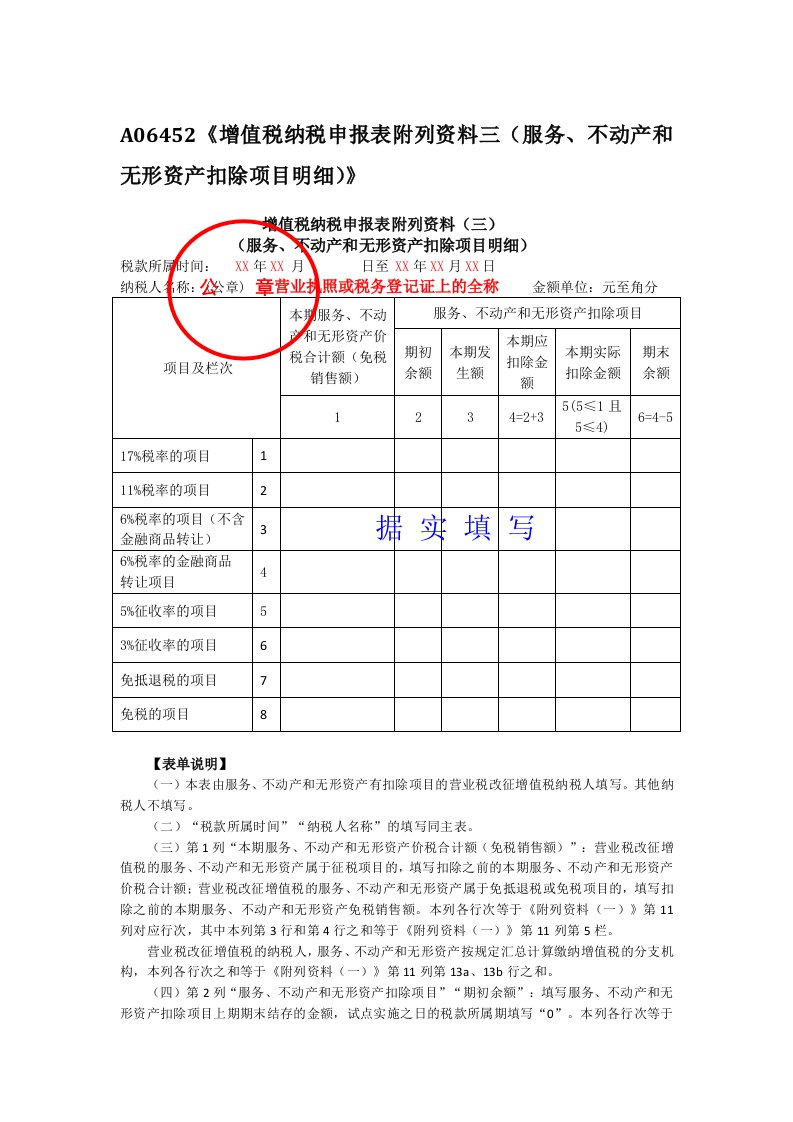 增值税纳税申报表附列资料三服务不动产和无形资产扣除项目明细