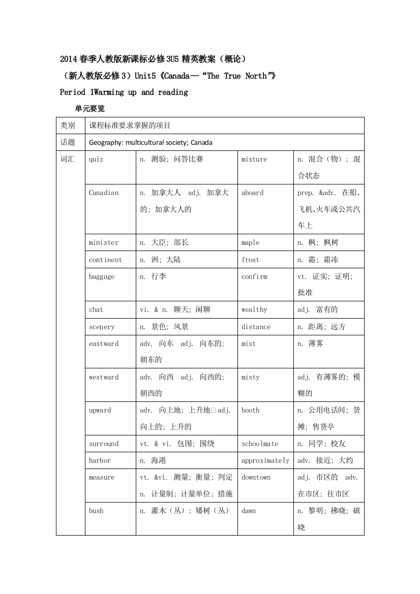 2014春季人教版新课标必修3U5精英教案（概论）