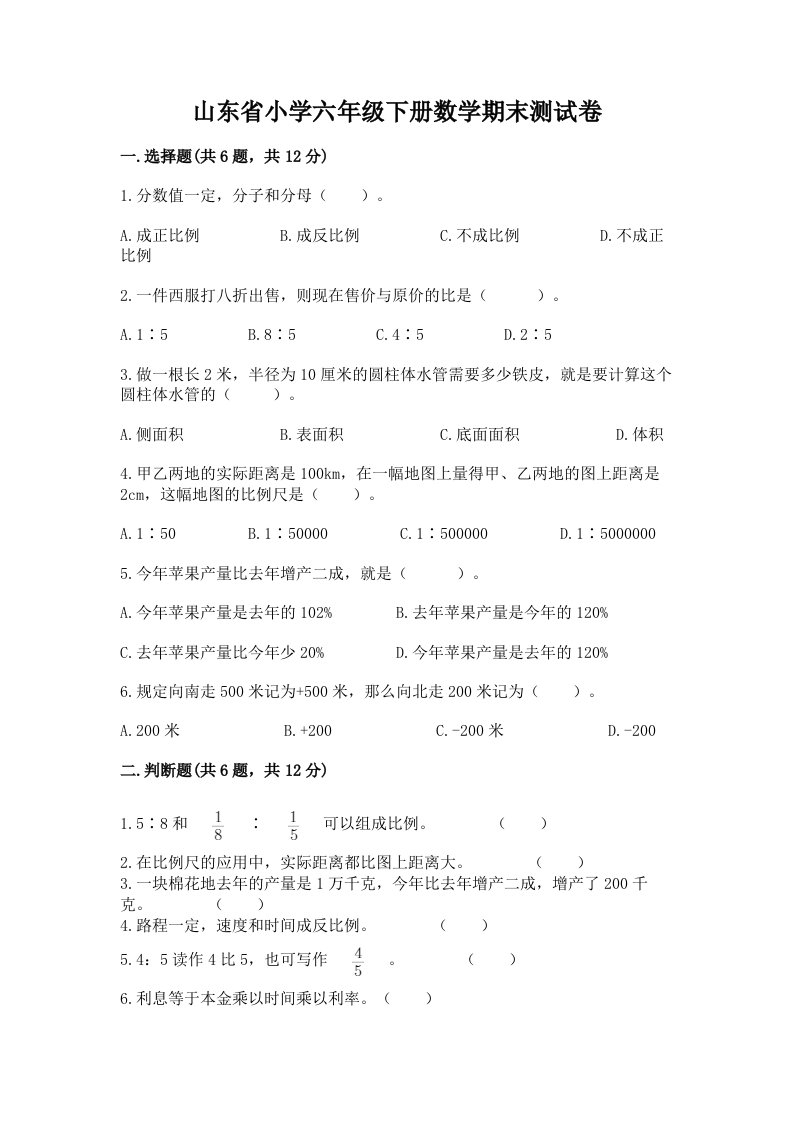 山东省小学六年级下册数学期末测试卷（培优a卷）