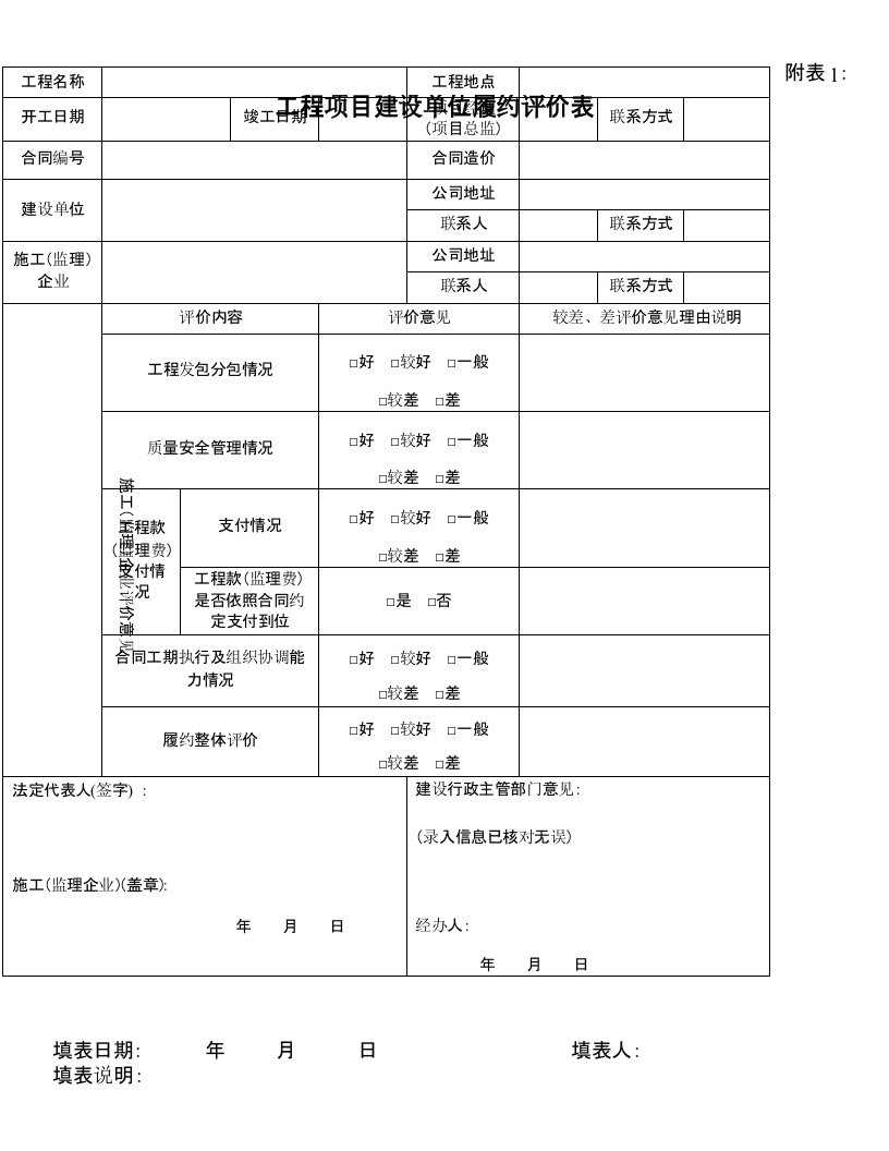 工程项目建设单位履约评价表