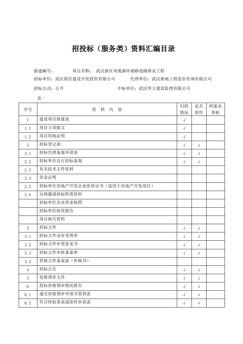 建设工程招投标资料交接单(服务类)