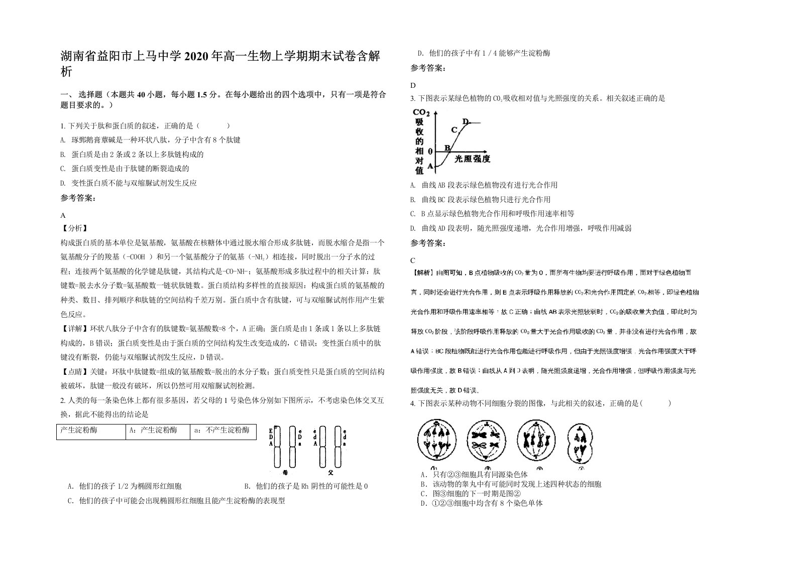 湖南省益阳市上马中学2020年高一生物上学期期末试卷含解析