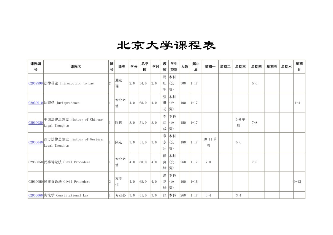 《北京大学法学院下学期课程表》