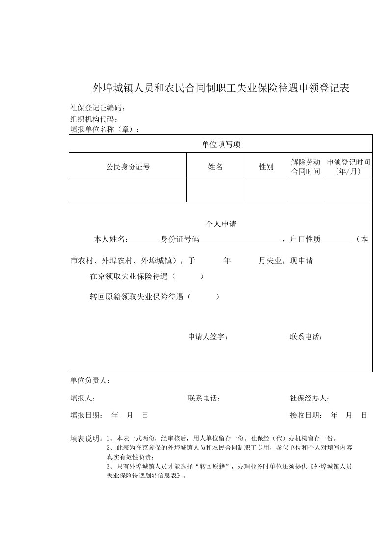 下载外埠城镇人员和农民合同制职工失业保险待遇申领登记表