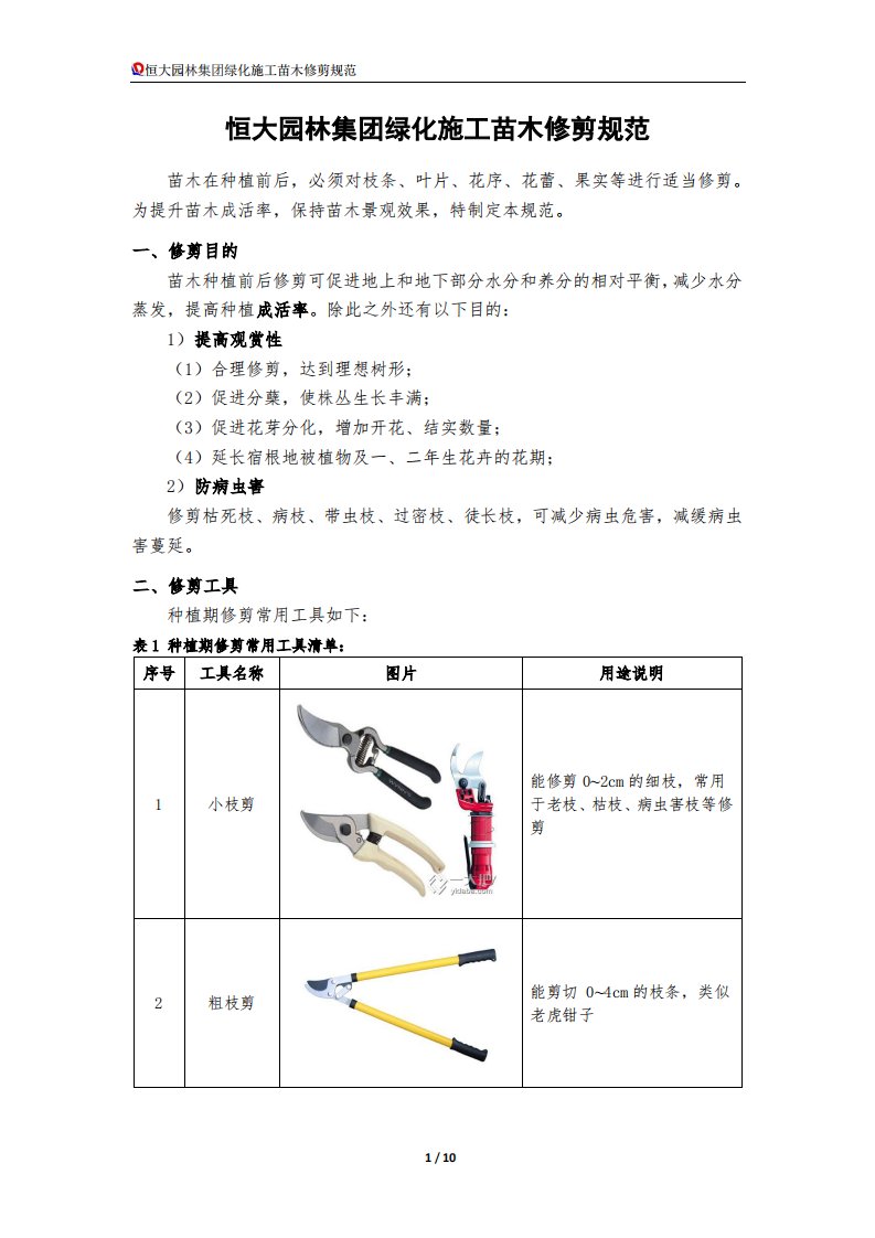 恒大园林集团绿化施工苗木修剪规范