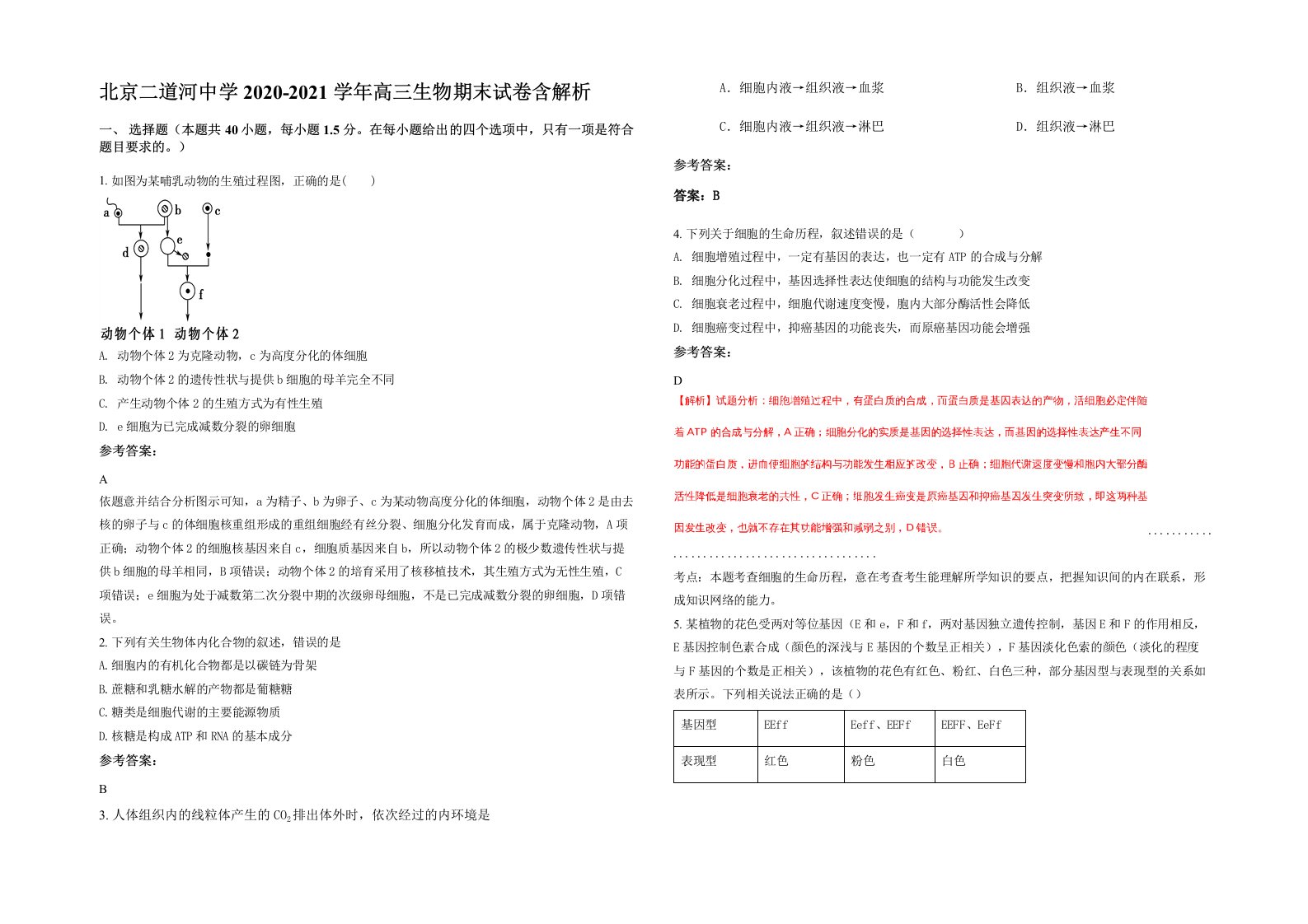 北京二道河中学2020-2021学年高三生物期末试卷含解析