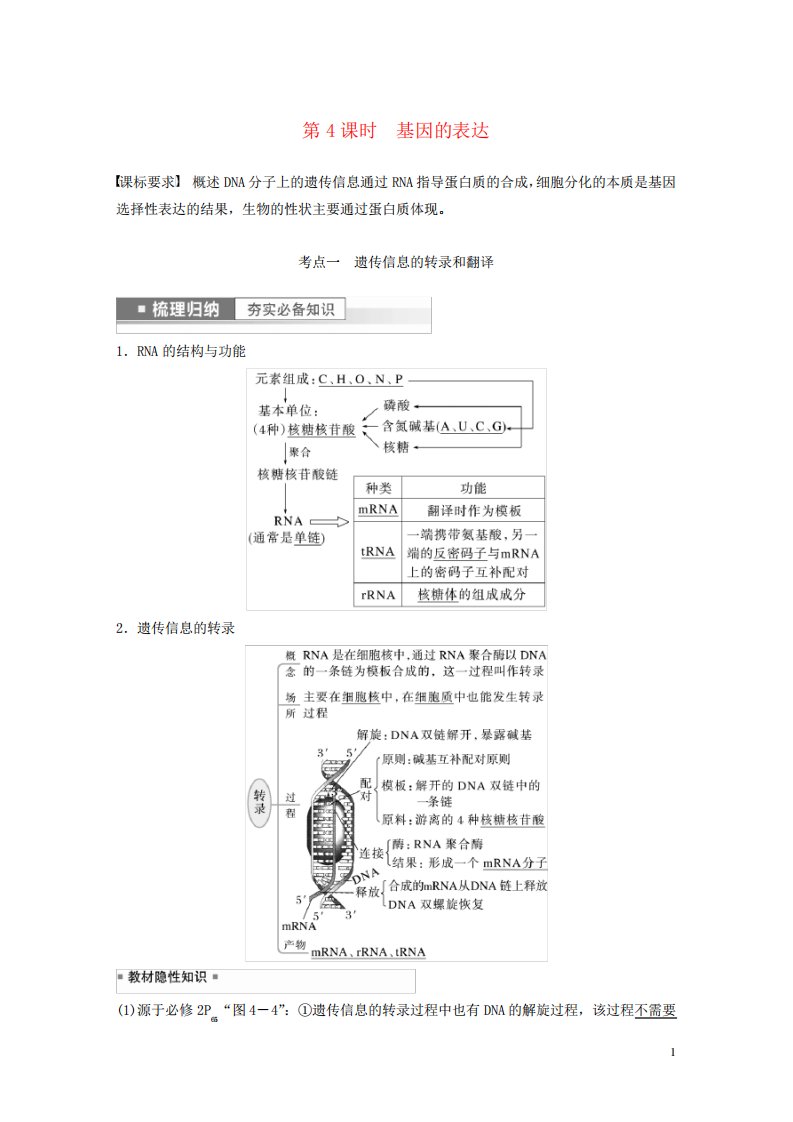 新高考2023届高考生物一轮复习讲义第6单元第4课时基因的表达新精品