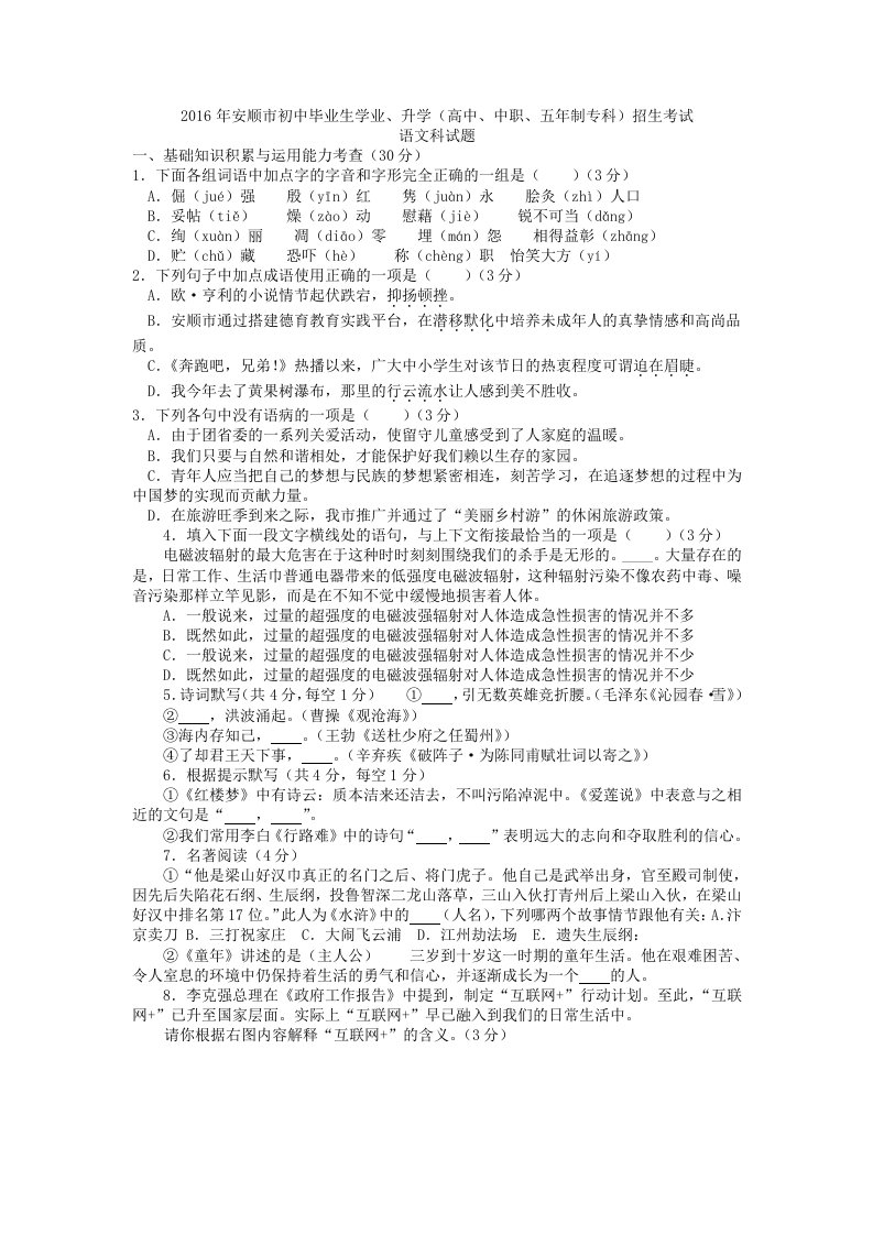 2016年贵州省安顺市中考语文试卷及答案