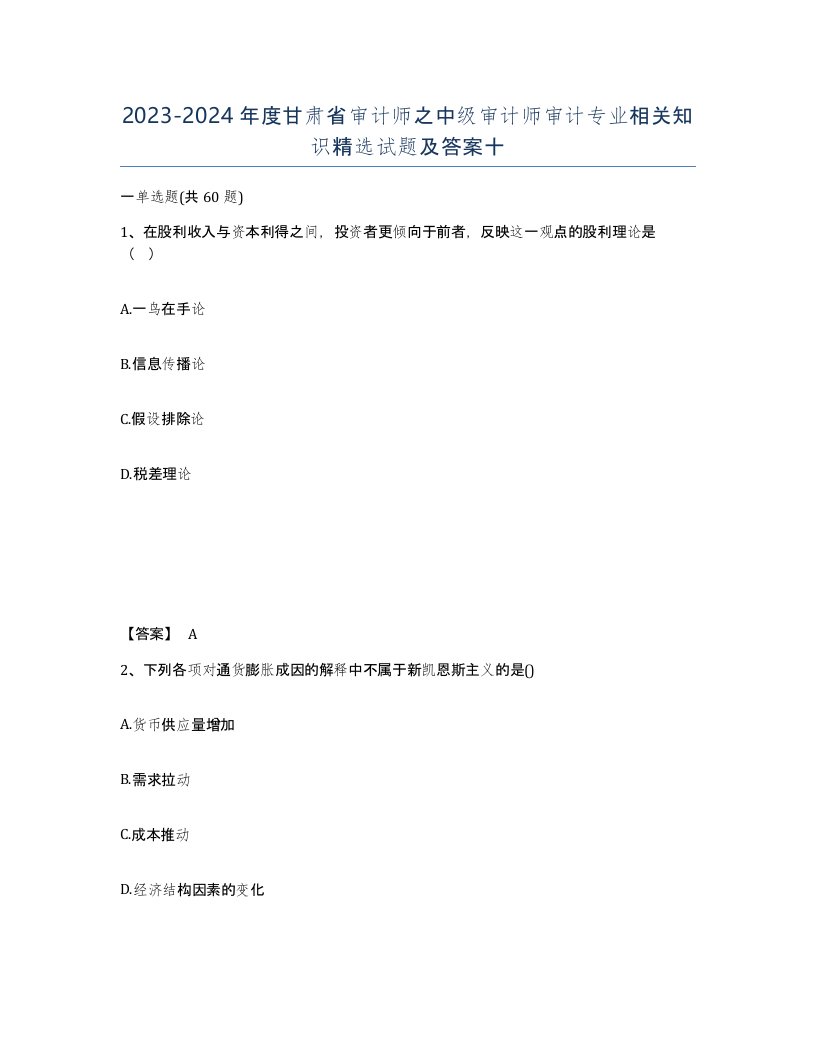 2023-2024年度甘肃省审计师之中级审计师审计专业相关知识试题及答案十