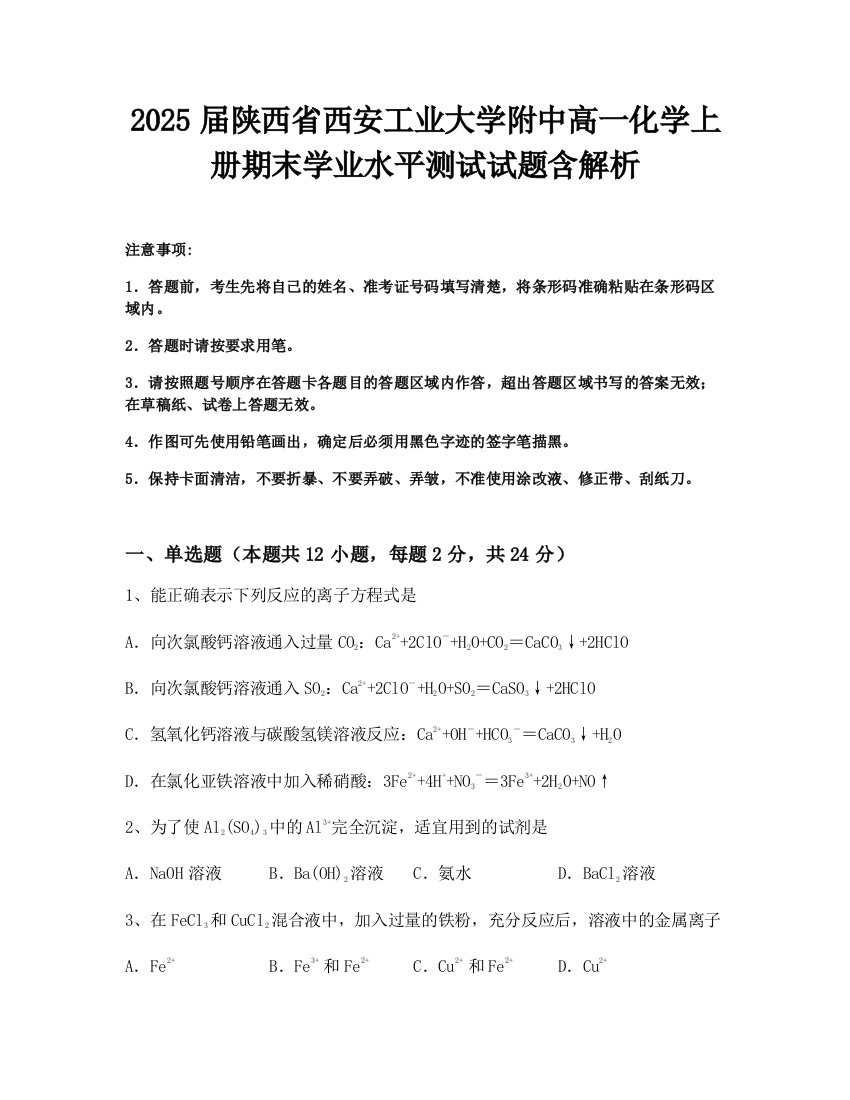 2025届陕西省西安工业大学附中高一化学上册期末学业水平测试试题含解析