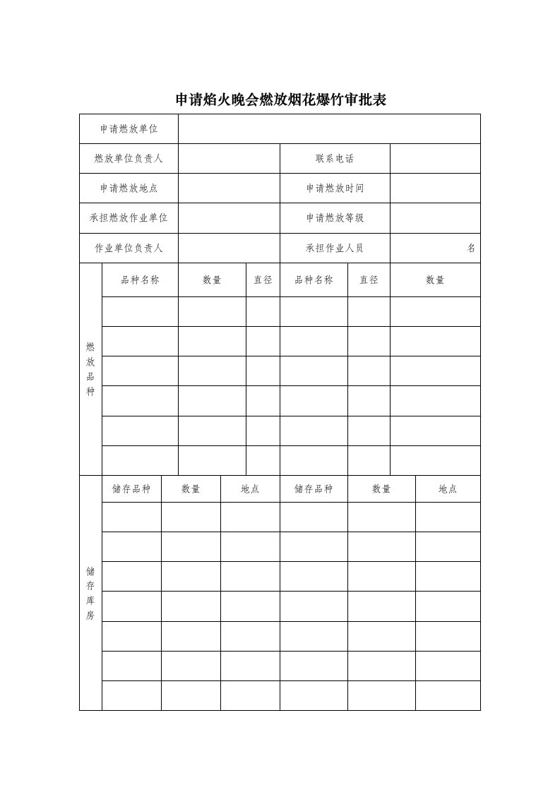 申请焰火晚会燃放烟花爆竹审批表