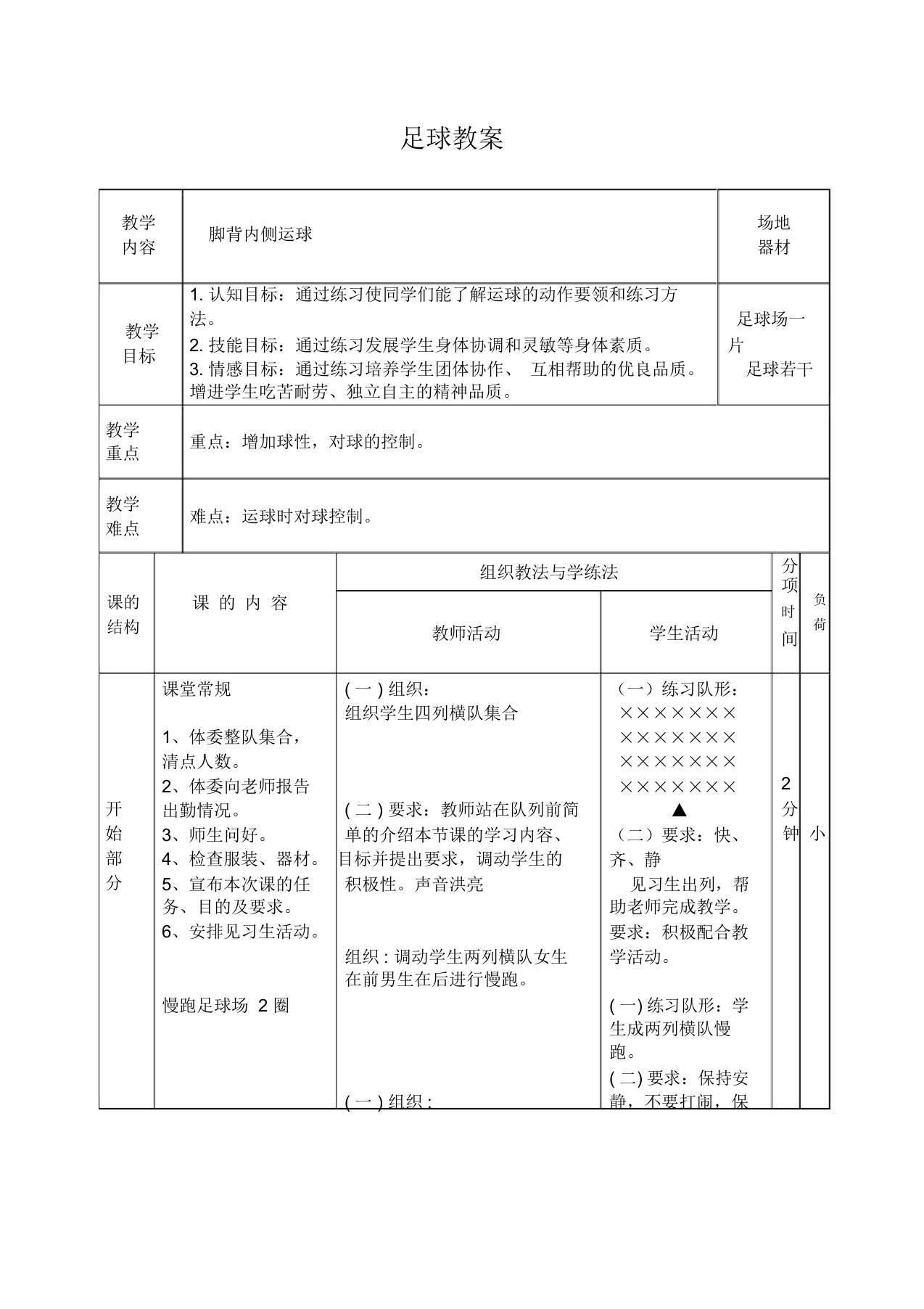 足球脚背内侧运球优选教案