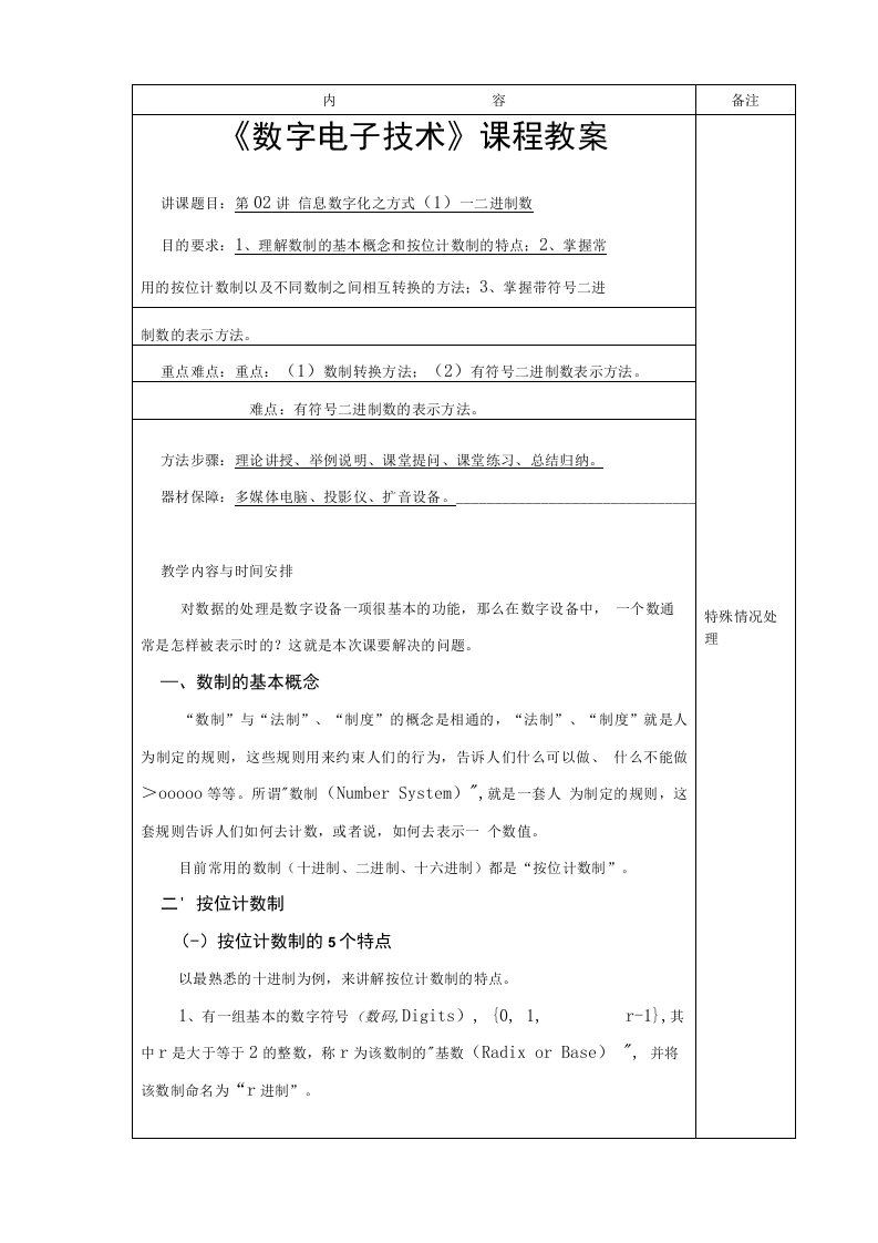 数字电子技术教案第2章数制与编码