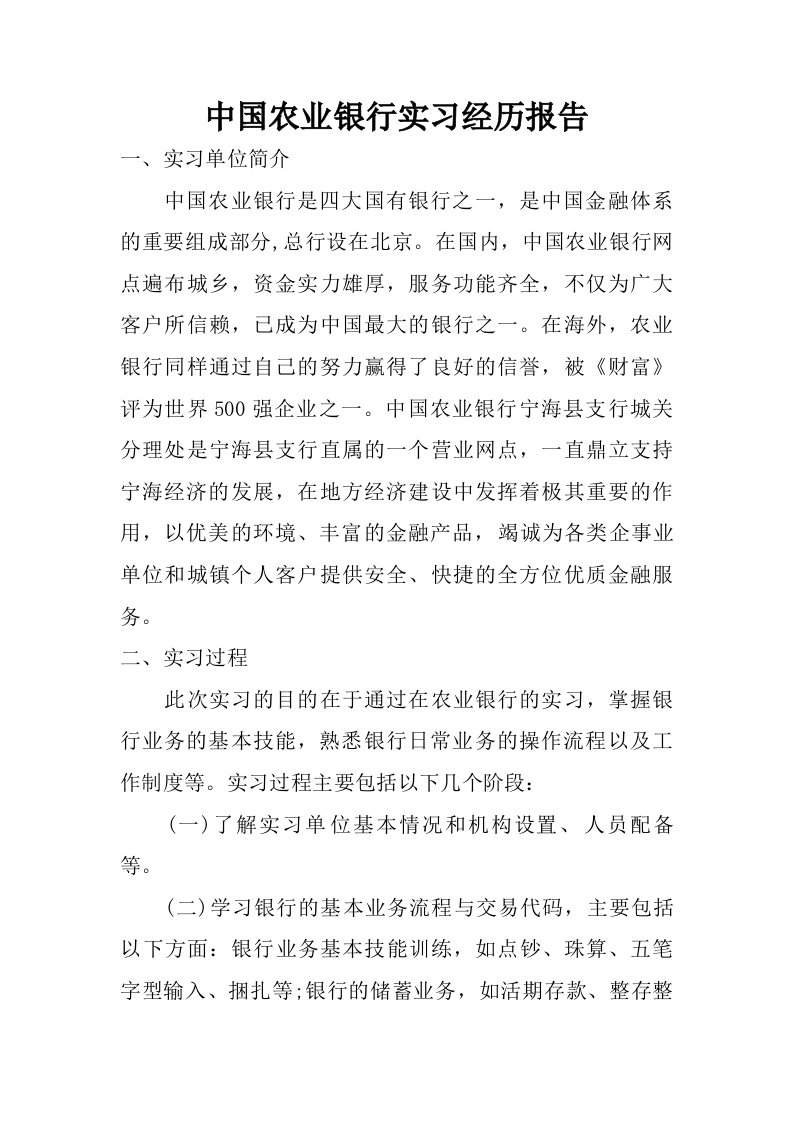 中国农业银行实习经历报告.doc