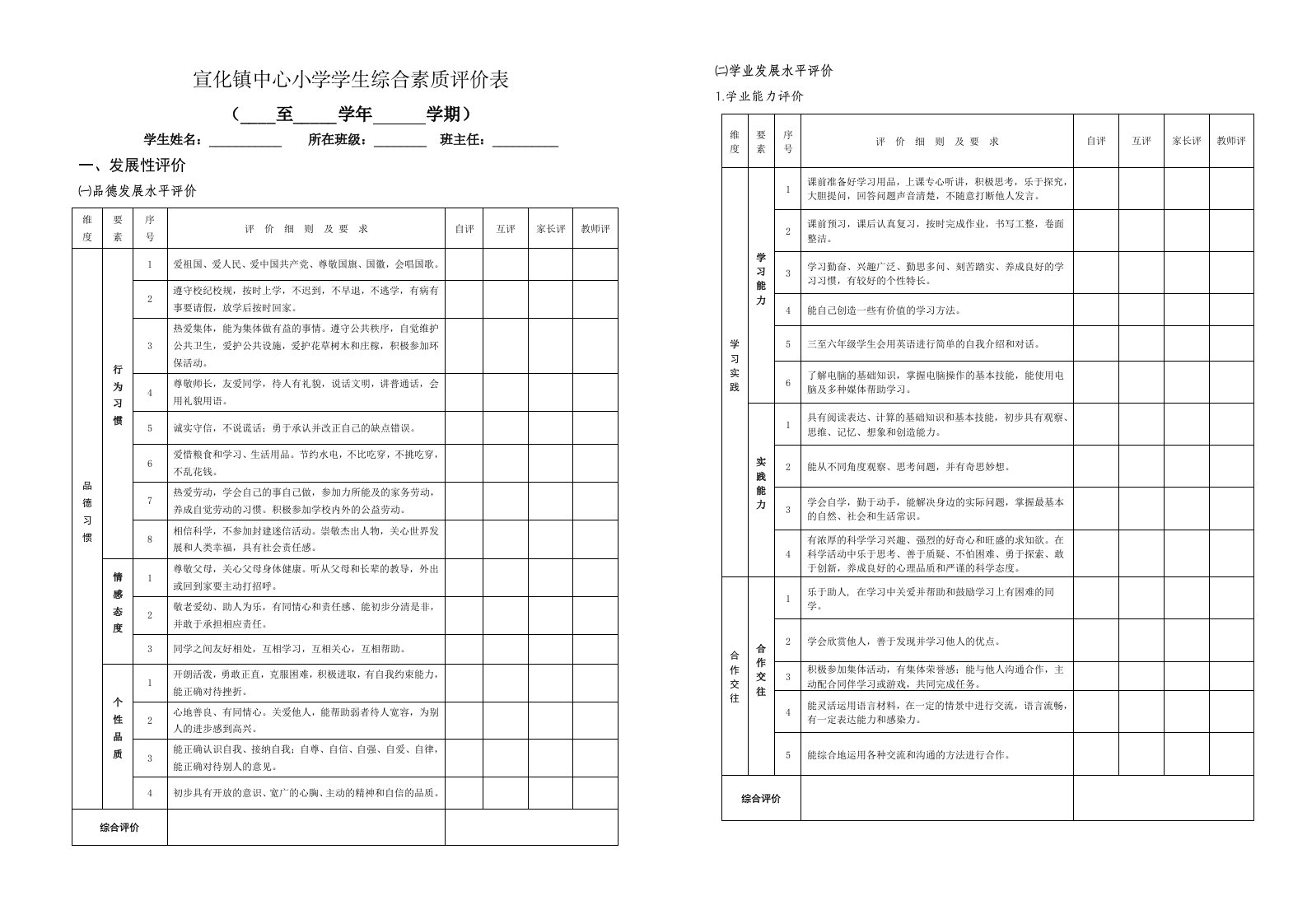 中心小学学生综合素质评价表