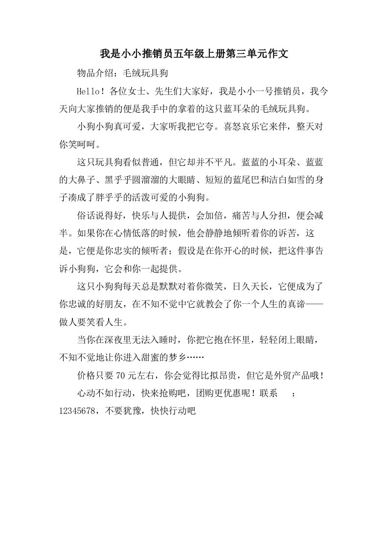 我是小小推销员五年级上册第三单元作文