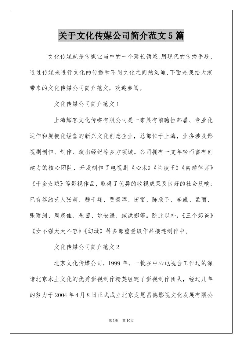 关于文化传媒公司简介范文5篇