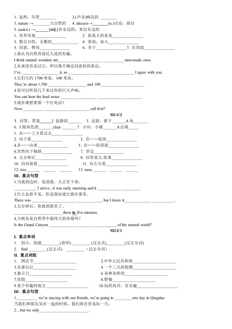 九年级英语上M1-6重点单词、词组和句子