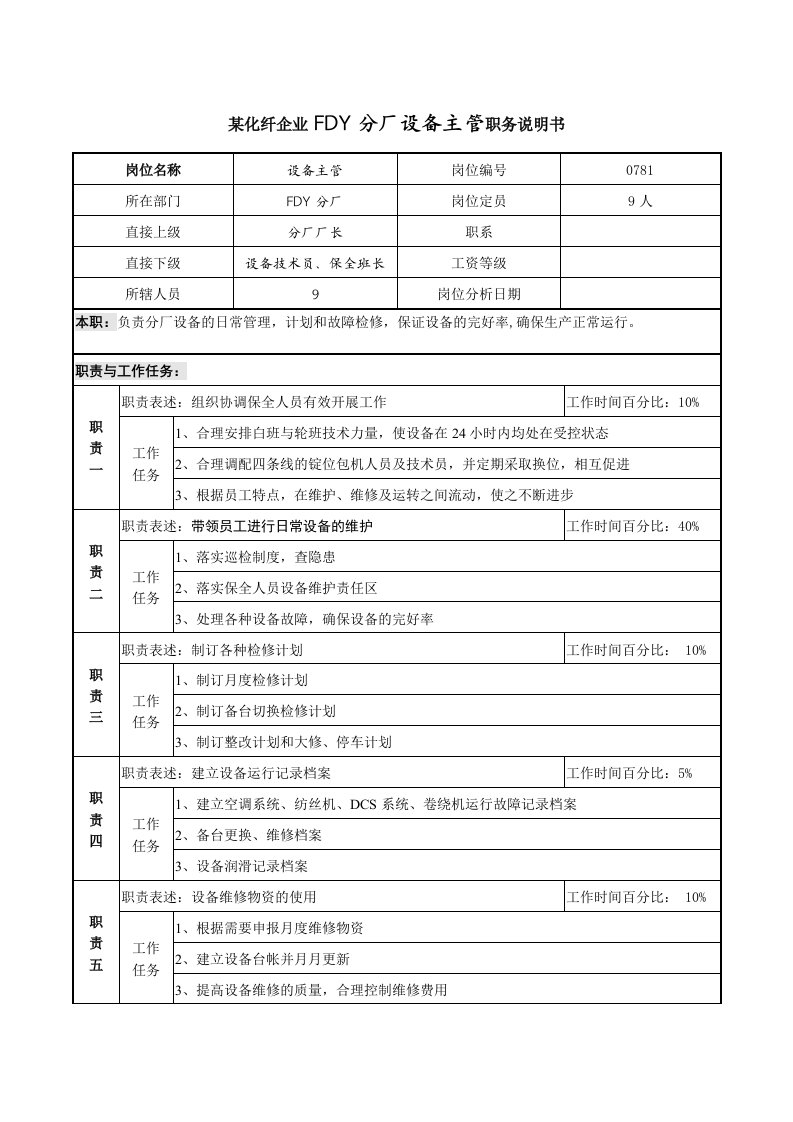 生产管理--某化纤企业FDY分厂设备主管职务说明书