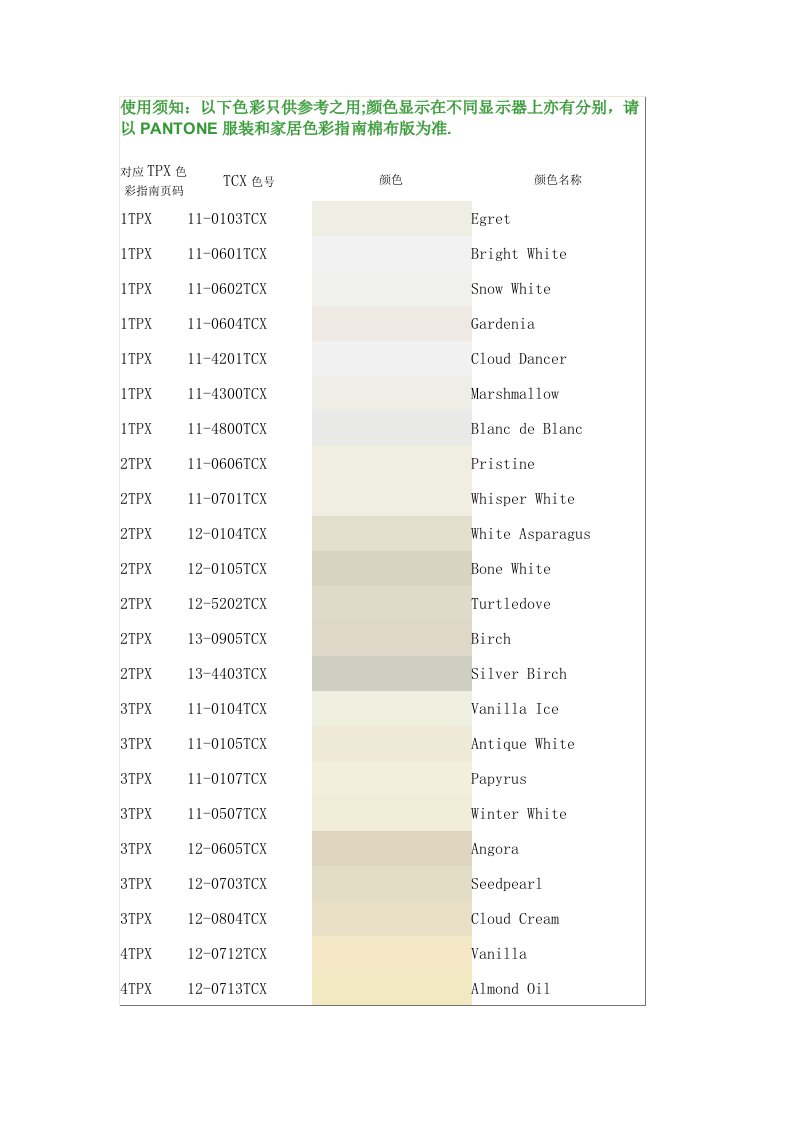 PANTONE潘通色卡TCX棉布色彩电子版查询（2-1部分）