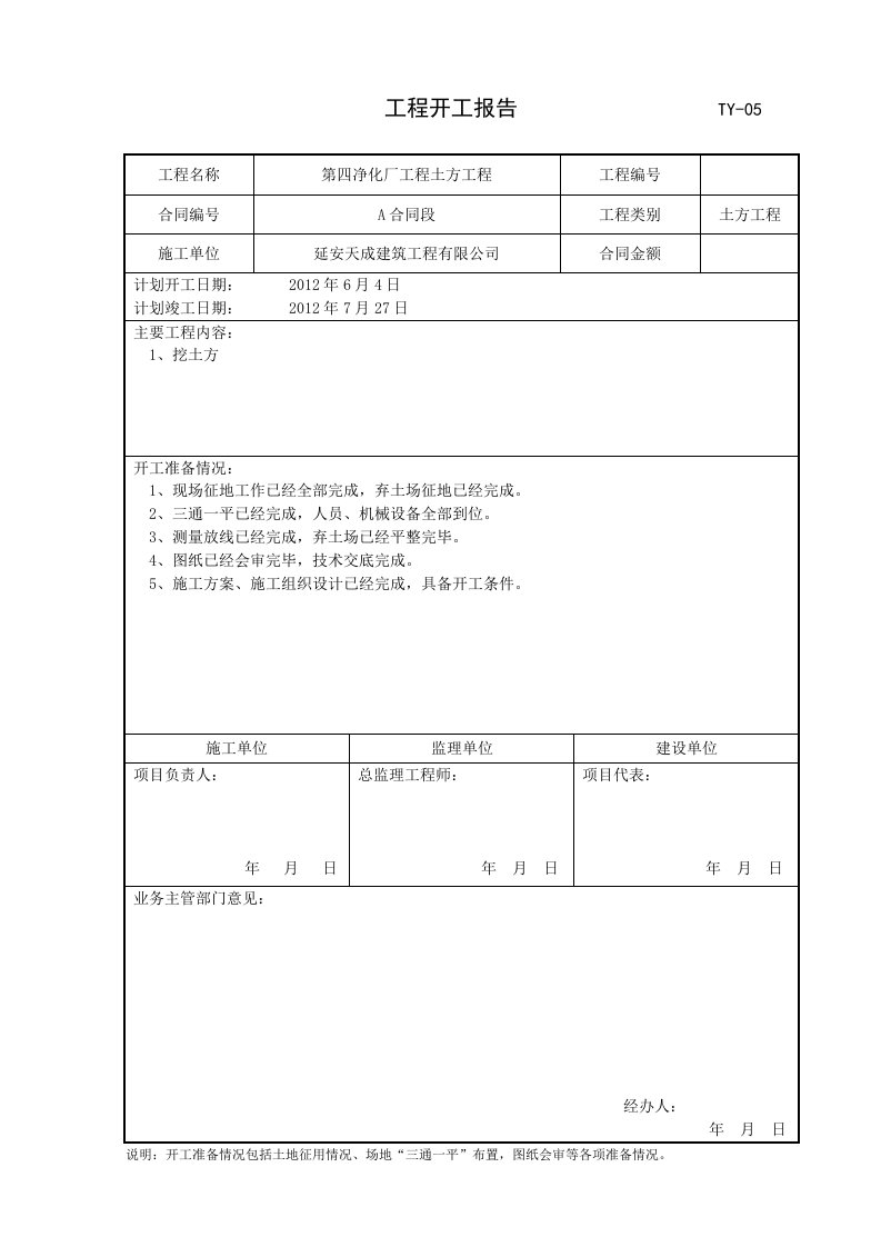 a标工程开工报告ty