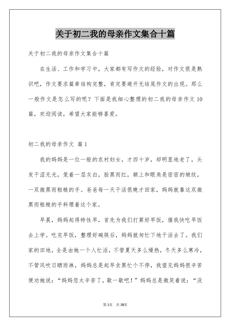 关于初二我的母亲作文集合十篇