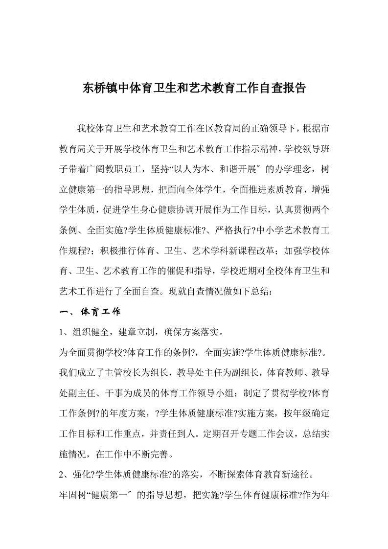 东桥镇中体育卫生和艺术教育工作自查报告