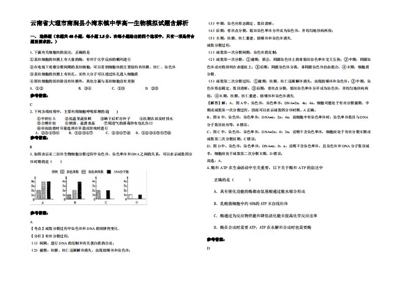 云南省大理市南涧县小湾东镇中学高一生物模拟试题含解析